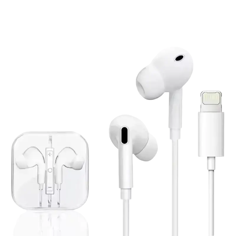 White wired earbuds with lightning connector and inline controls shown with clear plastic packaging for stereo headset use