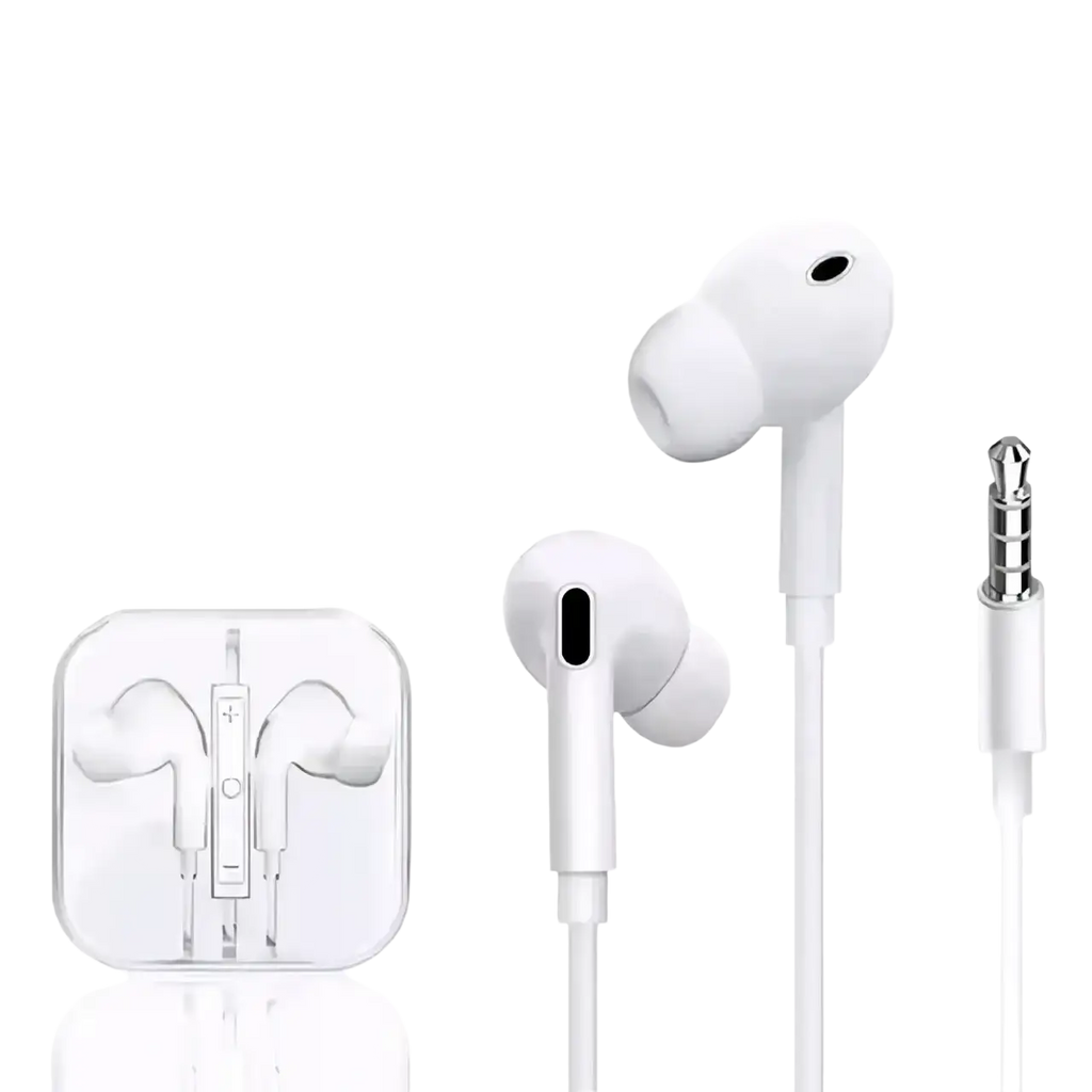White wired earbuds with 3.5mm audio jack and sleek design in clear packaging for stereo headset use