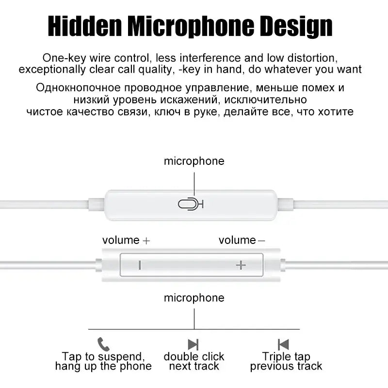 White wired earbuds 3.5mm stereo headset with hidden microphone and volume control buttons in wired design