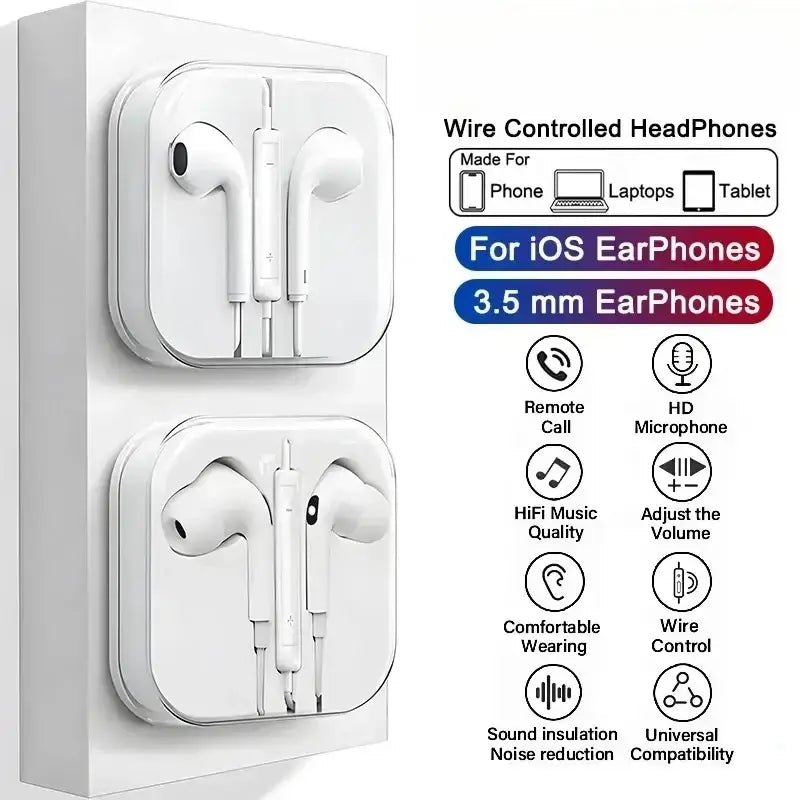 White wired earbuds 3.5mm stereo headset with inline remote control designed for ios devices