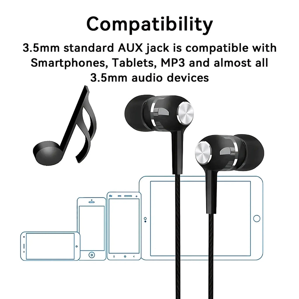 Black wired earbuds with hi-fi bass headset and mic featuring silver metallic accents on earpiece stems