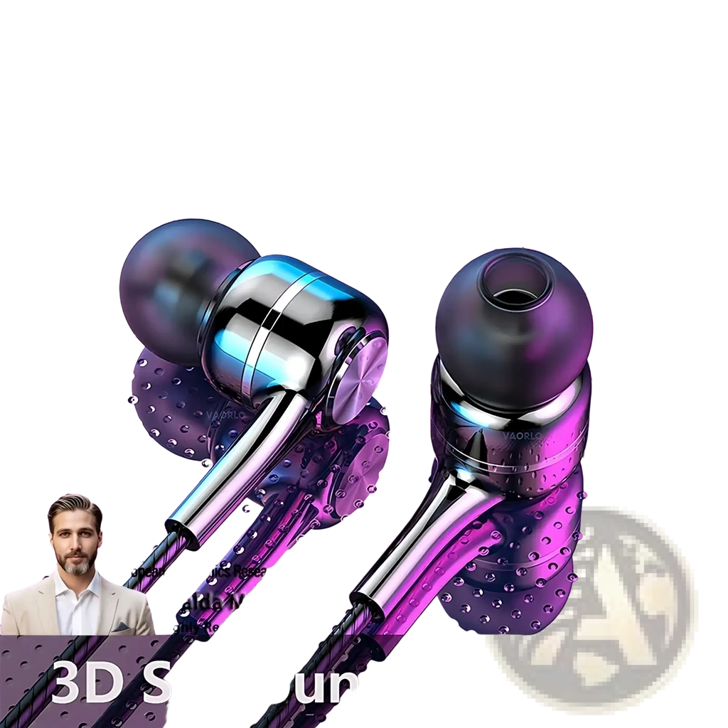 Bluekaka quad-core dynamic wired in-ear headphones with metallic silver and iridescent purple accents and mic