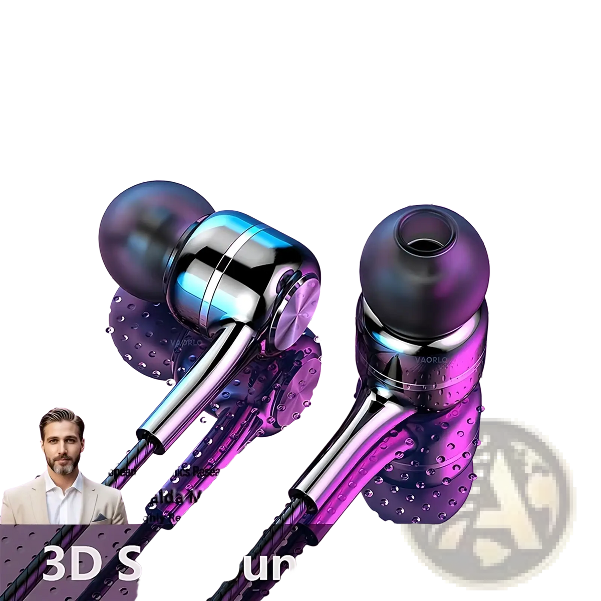 Bluekaka quad-core dynamic wired in-ear headphones with metallic silver and iridescent purple accents and mic