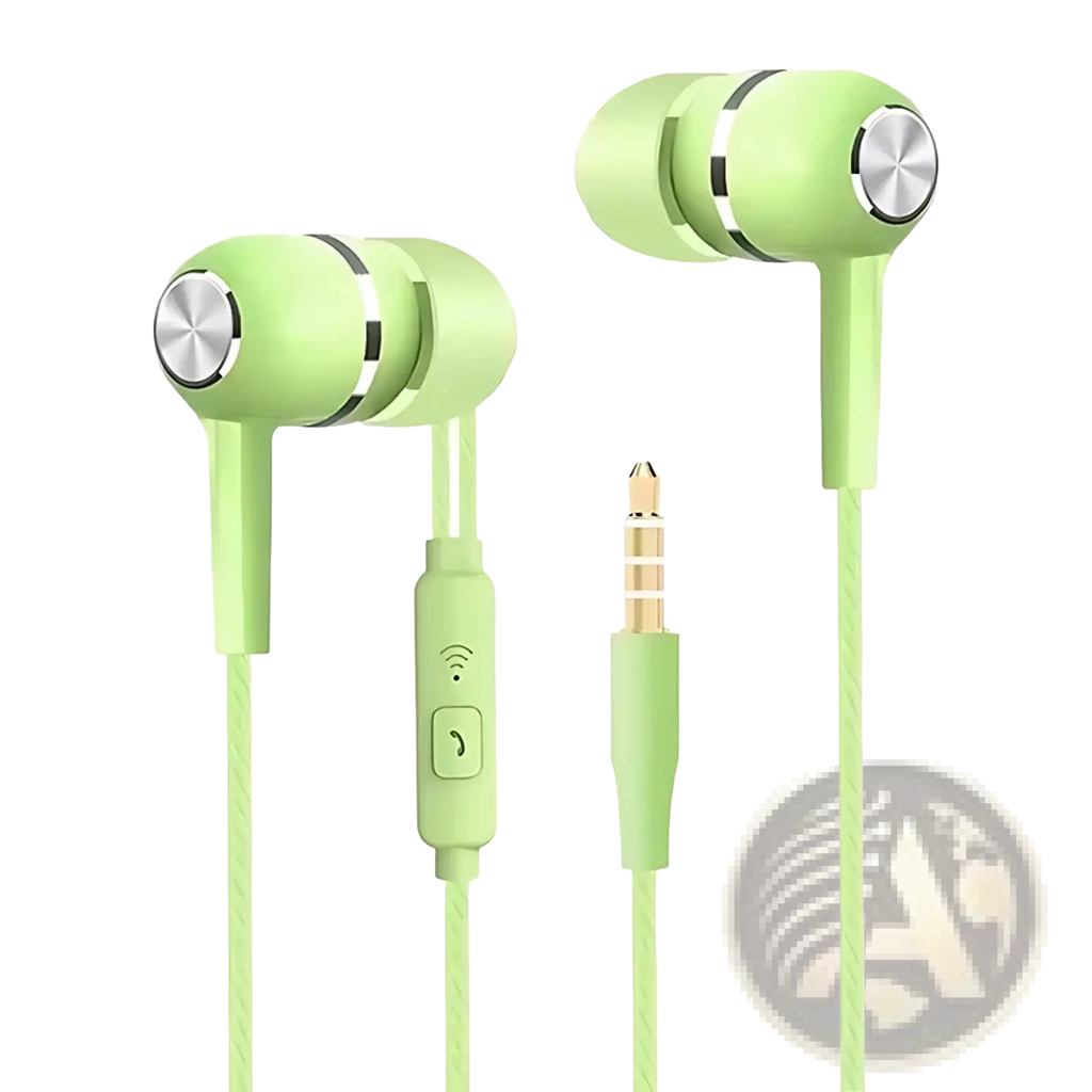 Light green wired earbuds hifi bass headset with mic featuring silver metallic controls and 3.5mm jack connector