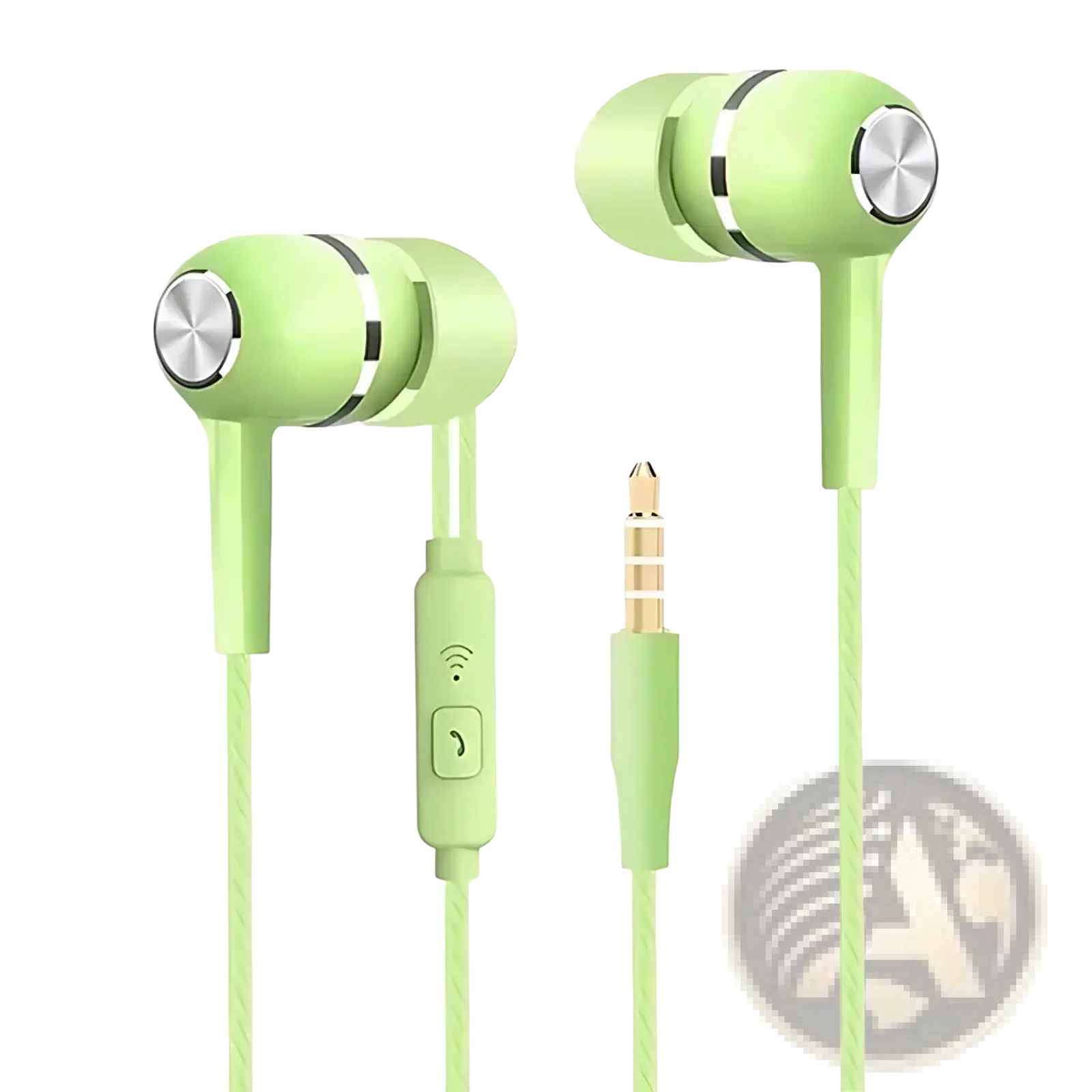 Light green wired earbuds hifi bass headset with mic featuring silver metallic controls and 3.5mm jack connector
