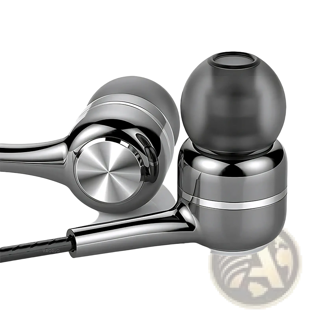 Silver and black inlayed wired earbuds with sleek metallic finish hi fi bass headset with mic for clear audio