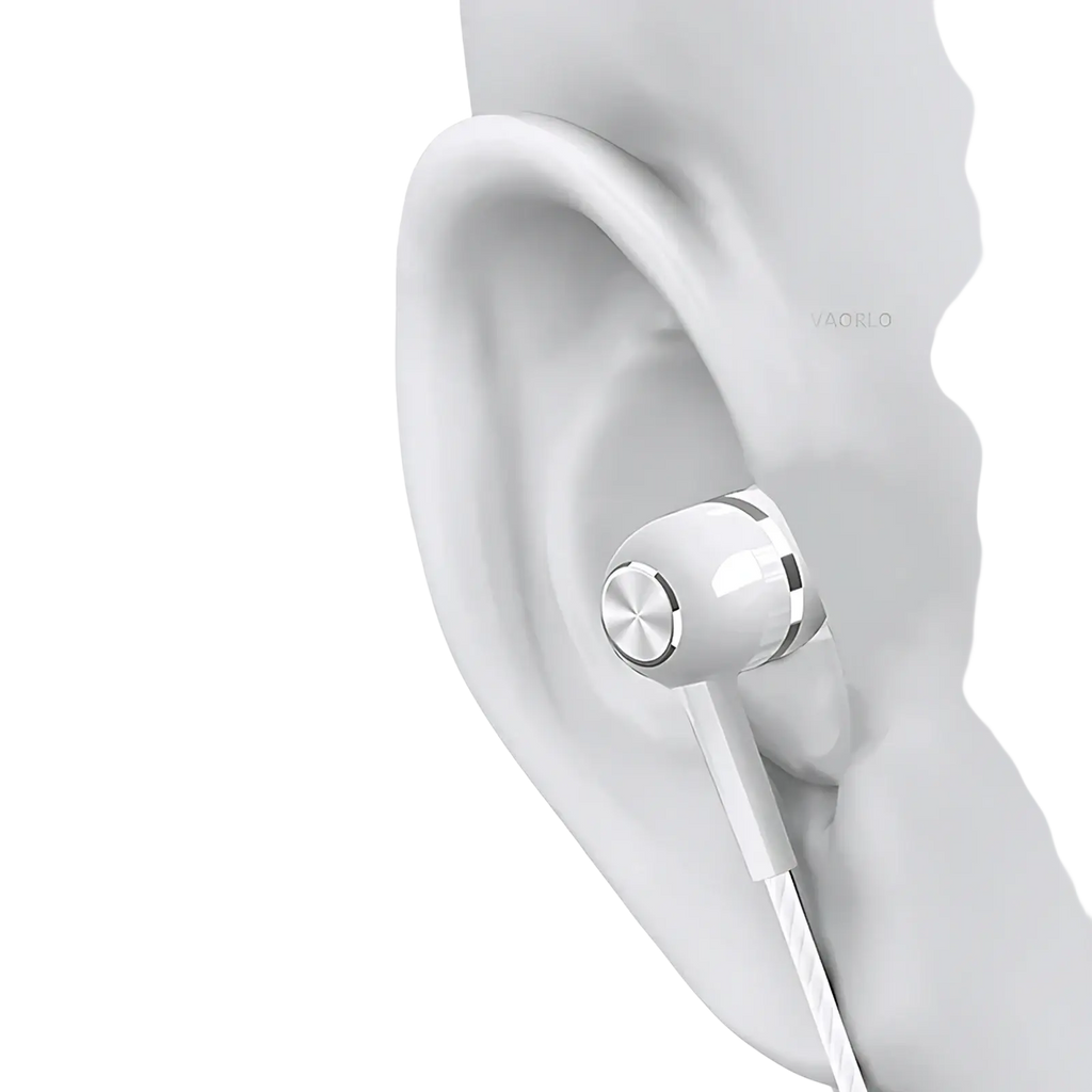 Wired earbuds hifi bass headset with mic in white featuring metallic circular driver housing and braided cable