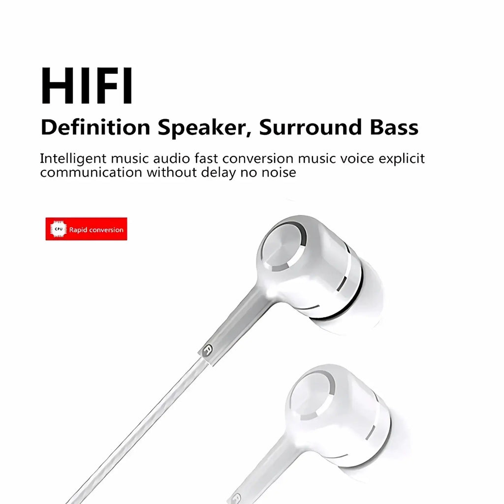 White wired earbuds with hifi bass headset featuring sleek metallic-finished earpieces and a thin cable with mic