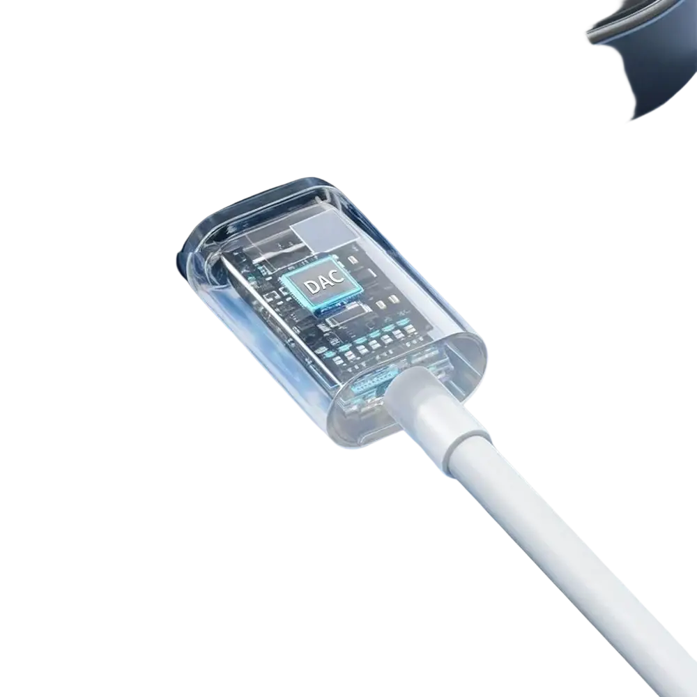 Wired earbuds with microphone and type c jack featuring transparent cable with built-in dac chip and white connector