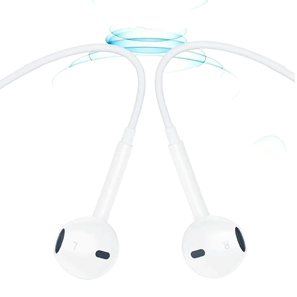 White wired earbuds with microphone and type c jack featuring sleek in-ear design and black left right markings
