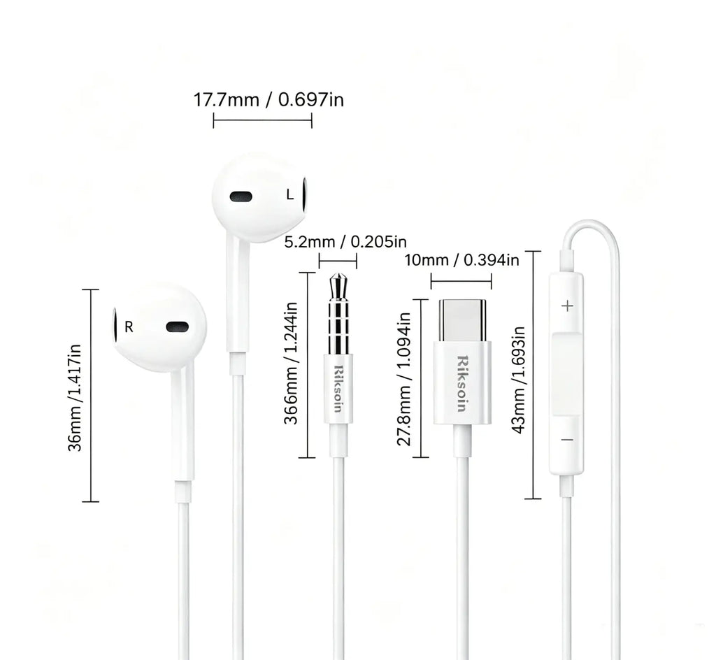 White riksoin wired earbuds with microphone usb-c jack inline controls and charging cable for audio use