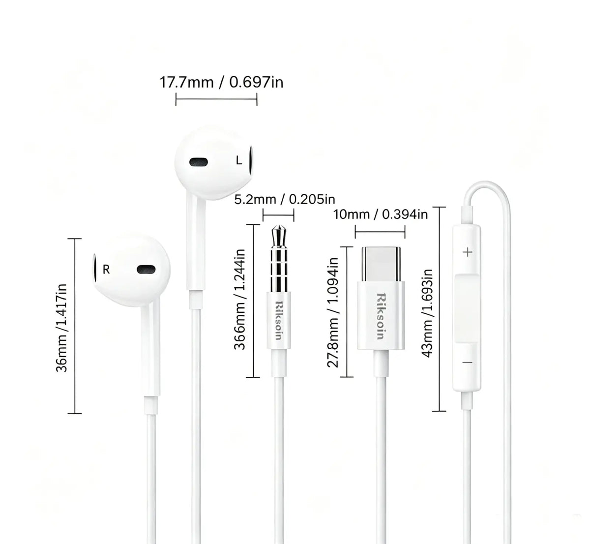 White riksoin wired earbuds with microphone usb-c jack inline controls and charging cable for audio use