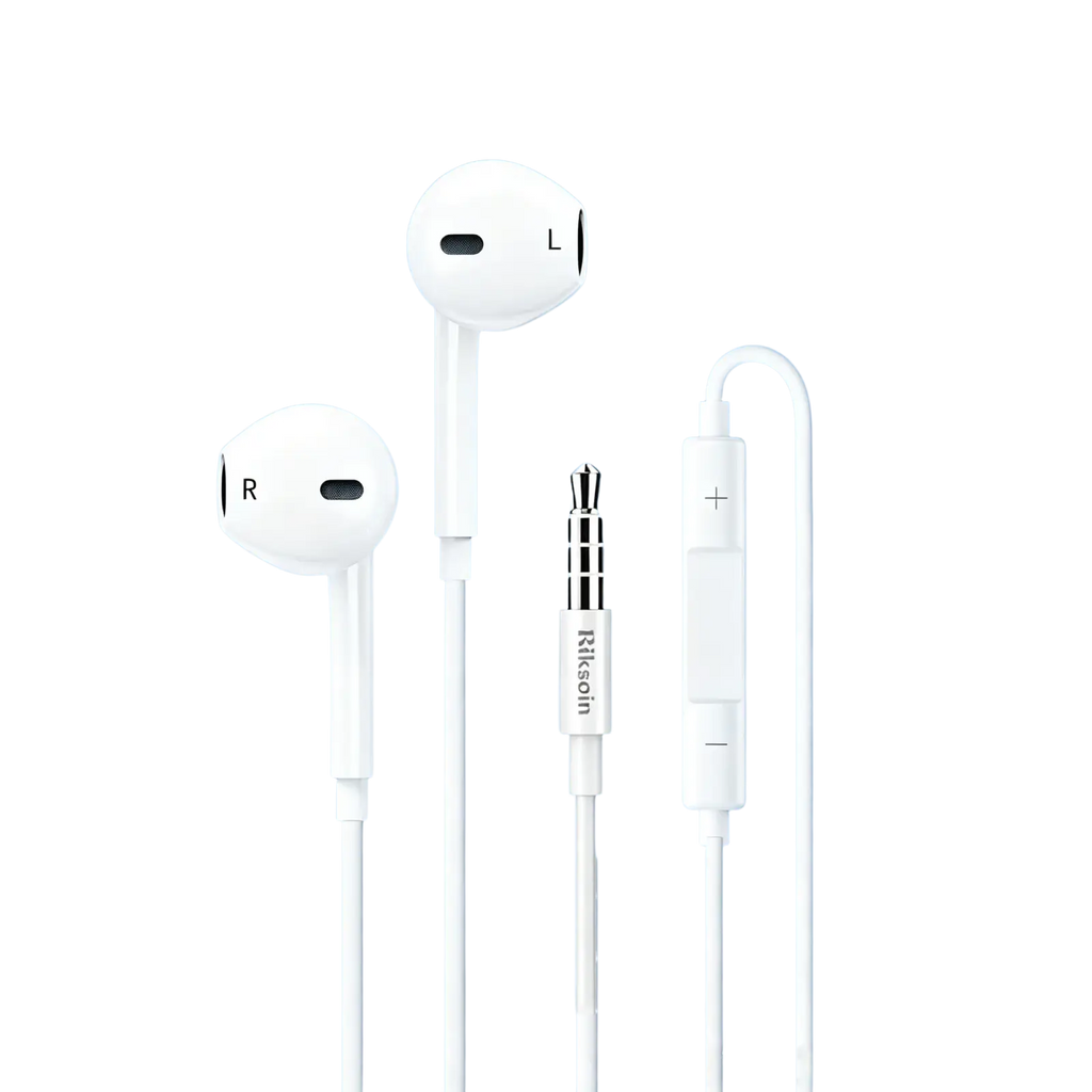 White wired earbuds with microphone and type c jack featuring a sleek minimalist design and volume control buttons