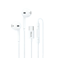 White wired earbuds with microphone and usb-c connector featuring inline controls for audio management