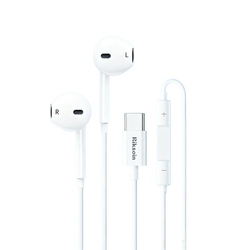 White wired earbuds with microphone and usb-c connector featuring inline controls for audio management