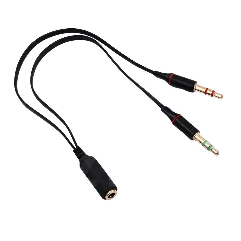 Black wired earphone gamer audio splitter cable with gold-plated 3.5mm connectors and red green color-coded rings