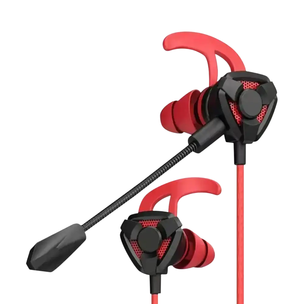Red and black wired earphone gamer headphones with a flexible microphone boom designed for gaming use