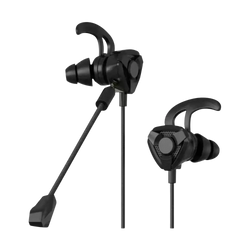 Black wired earphone gaming earbuds with mic, ergonomic hooks, and boom microphone for mobile and console use