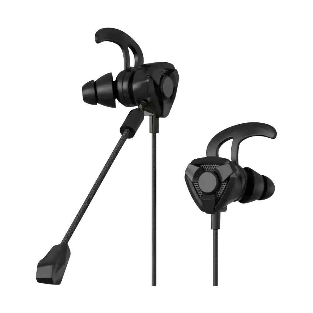 Black wired earphone gaming earbuds with mic and ergonomic hooks designed for mobile and console use as headset gamer headphones