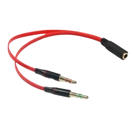 Red wired earphone with black connectors and 3.5mm jack splitting into dual jacks for headset gamer headphones use