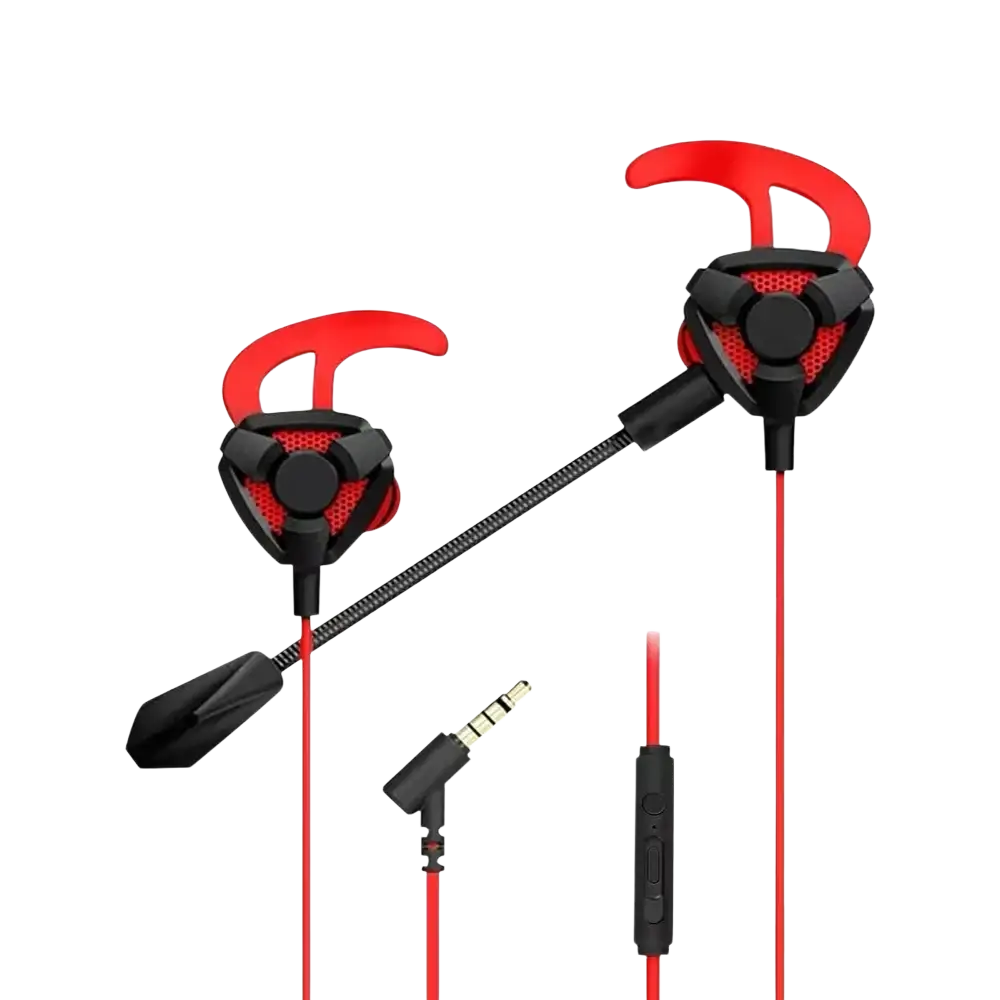 Red and black wired earphone with mesh earpiece and flexible microphone arm for mobile and console gaming use