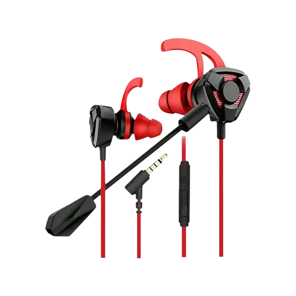 Wired earphone gaming earbuds in red and black with ergonomic hooks and inline control for mobile and console use