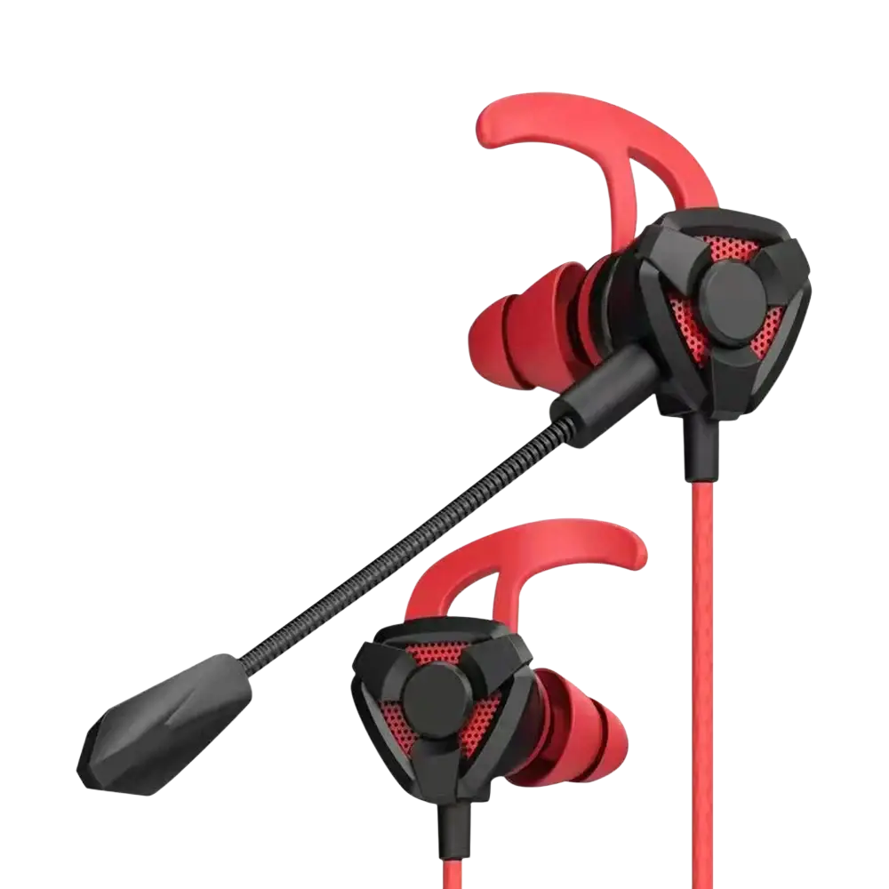 Red and black wired earphone gaming earbuds with flexible microphone boom for mobile and console use