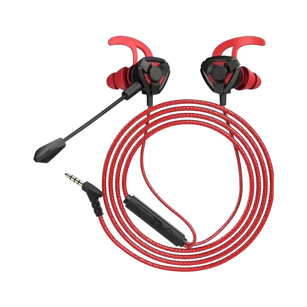 Red and black wired earphone gaming headset with flexible microphone braided cable and inline control for mobile and console