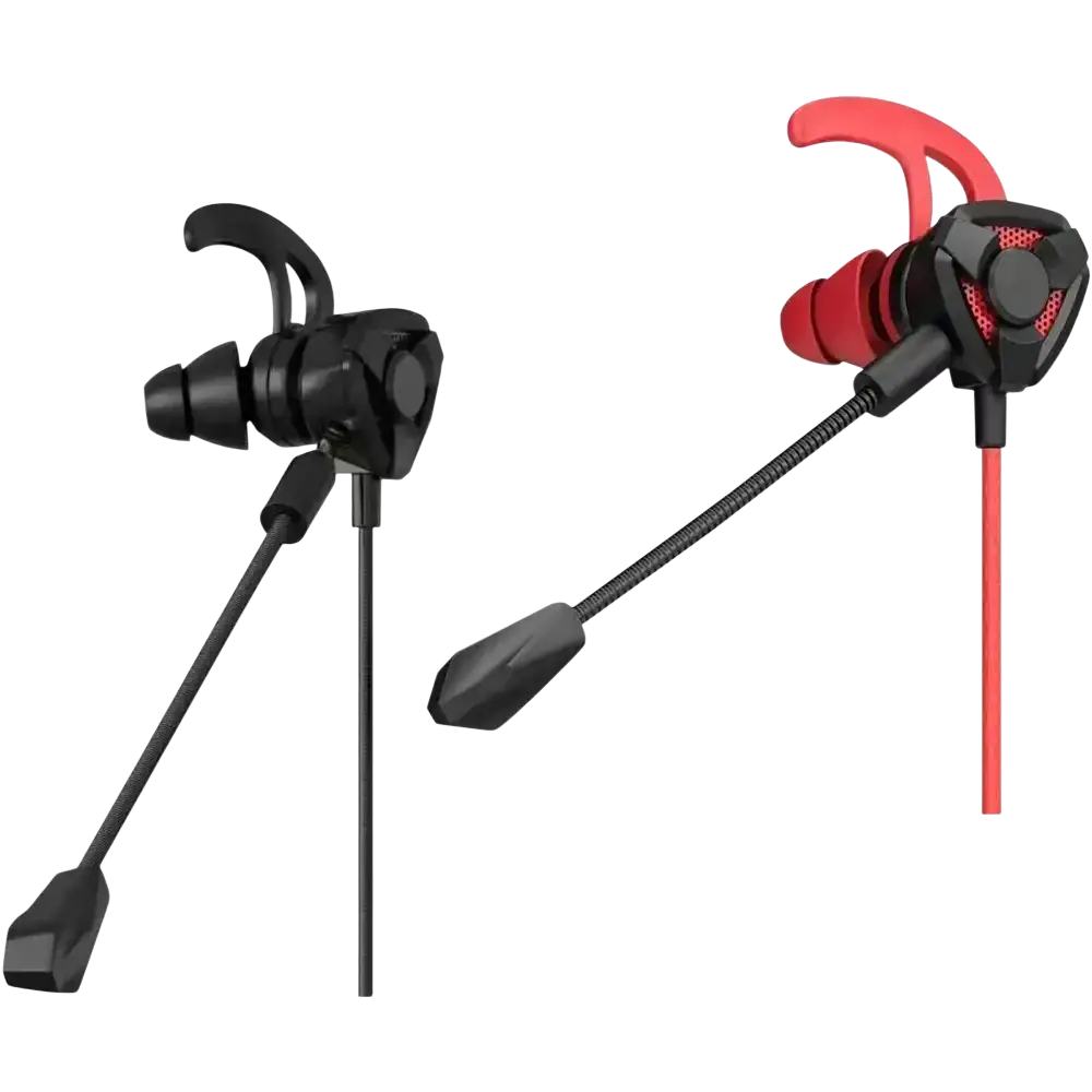 Red and black wired earphone gaming earbuds with adjustable ear hooks and flexible mic for mobile and console use
