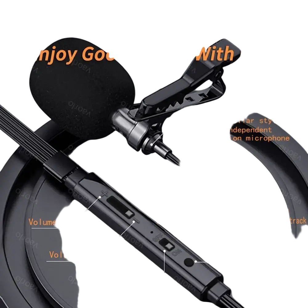 Black clip-on microphone with foam windscreen and multifunction buttons for wired earphones 3.5mm aux digital chip use