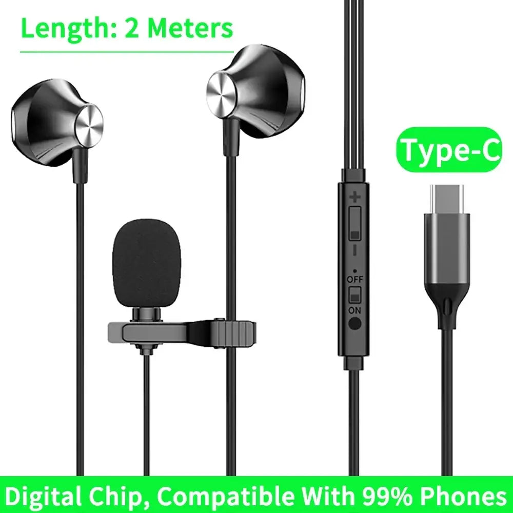 Black wired earphones with silver accents built-in microphone clip digital chip and 3.5mm aux charging cable