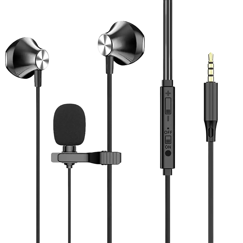 Black wired earphones with silver accents and digital chip featuring 3.5mm aux and clip-on microphone for live streaming