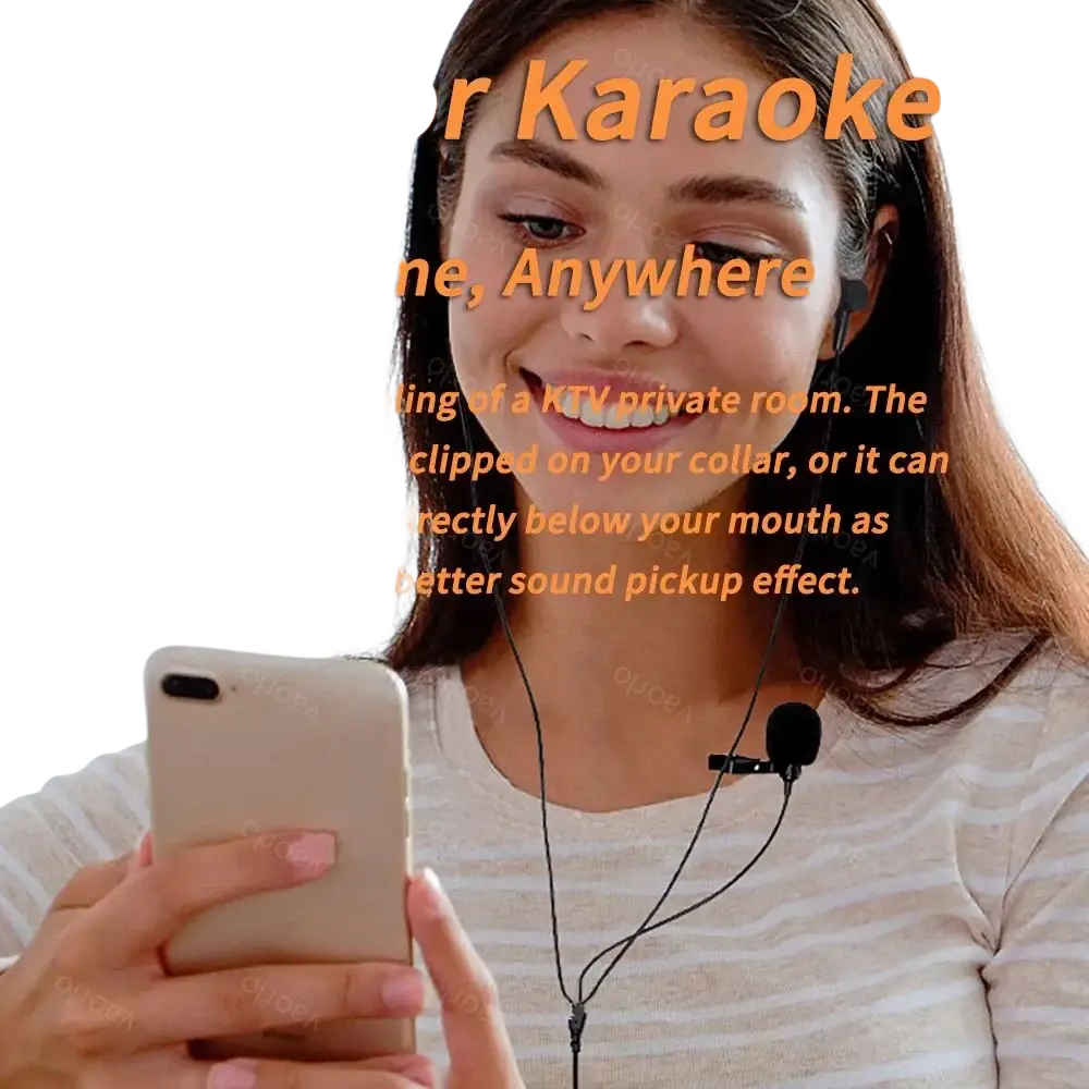 Black wired earphones with clip-on lavalier microphone and 3.5mm aux cable featuring digital chip for karaoke use