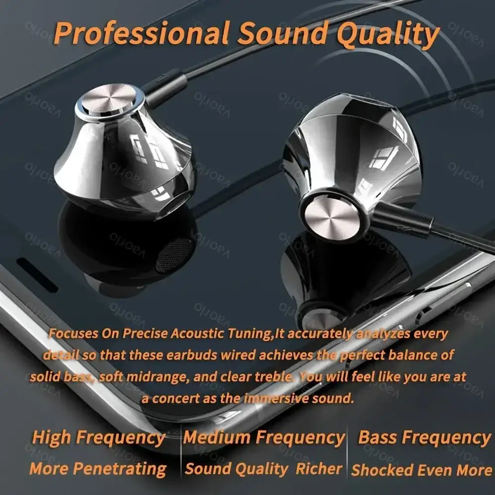 Shiny metallic silver wired earphones with digital chip, 3.5mm aux, and sleek conical design for live streaming use
