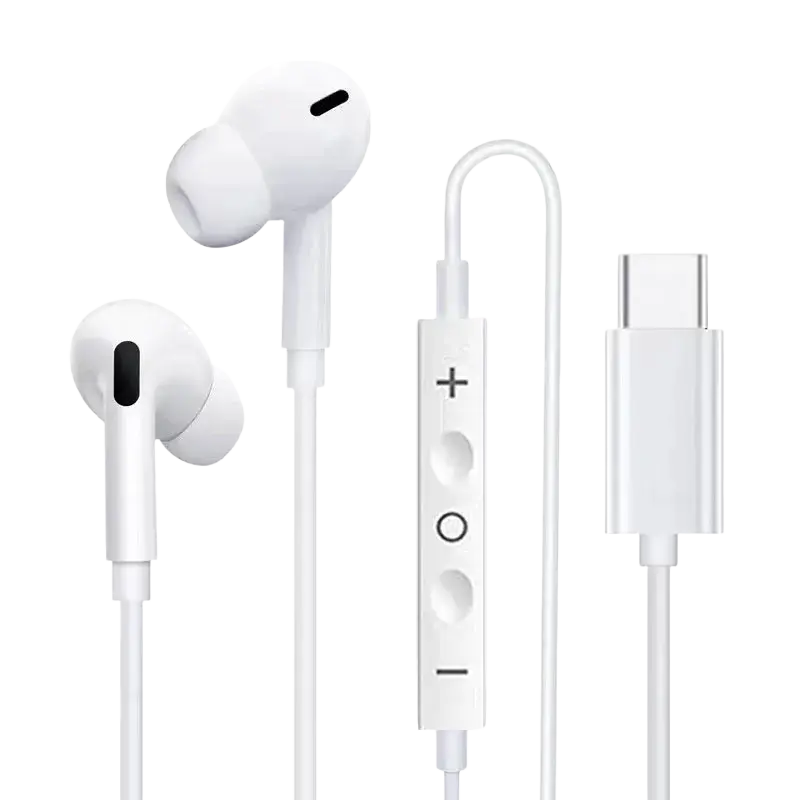 White wired earphones with usb-c connector and inline control module designed for iphone 15 and 16 use