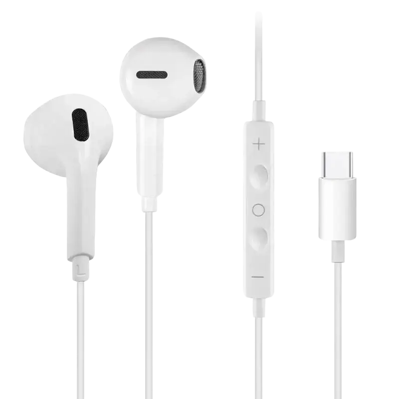 White wired earphones with usb c connector and inline controls designed for iphone usb c and lightning devices