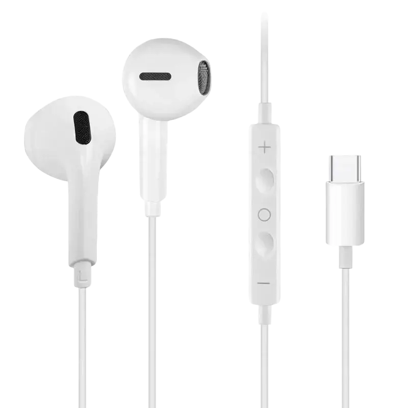 White wired earphones with usb-c connector and inline controls designed for iphone 15-16 use