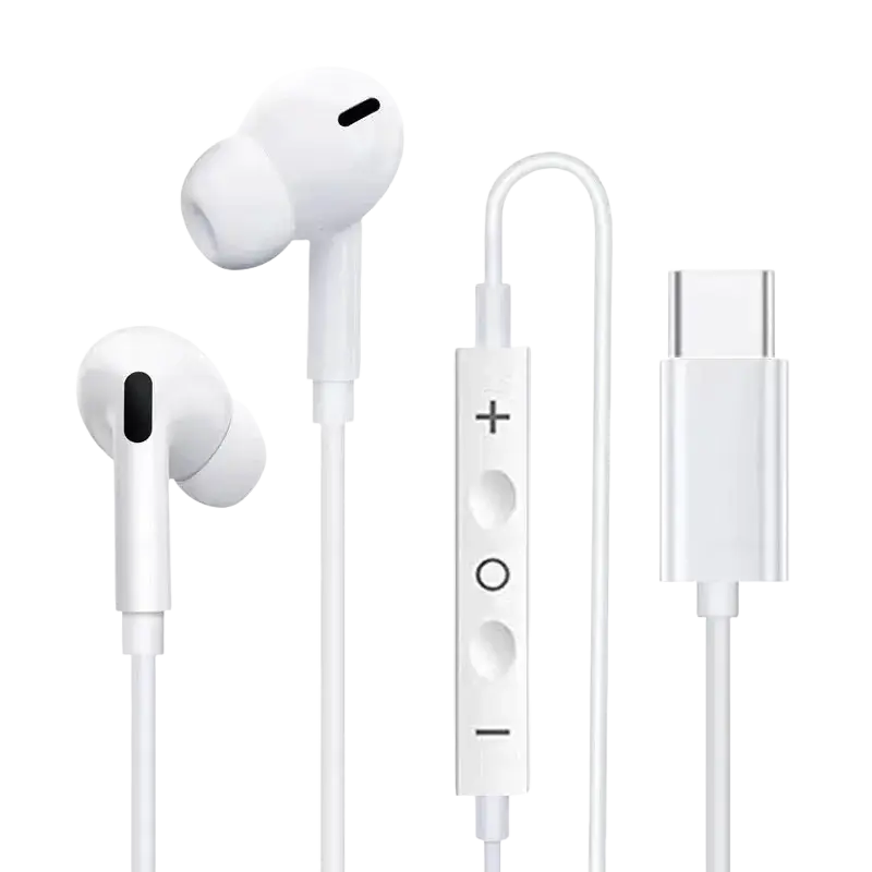 White wired earphones for iphone usb c and lightning with sleek minimalist design inline control and usb-c charging cable