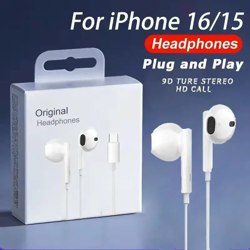 White wired earphones with usb-c connector designed for iphone 16 and 15 compatible with lightning ports