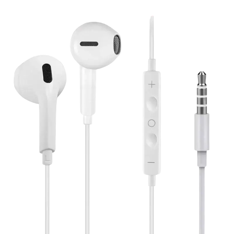 White wired earphones with 3.5mm plug metal inline controls and soft silicone tips for comfortable fit compatible with iphone usb c and lightning