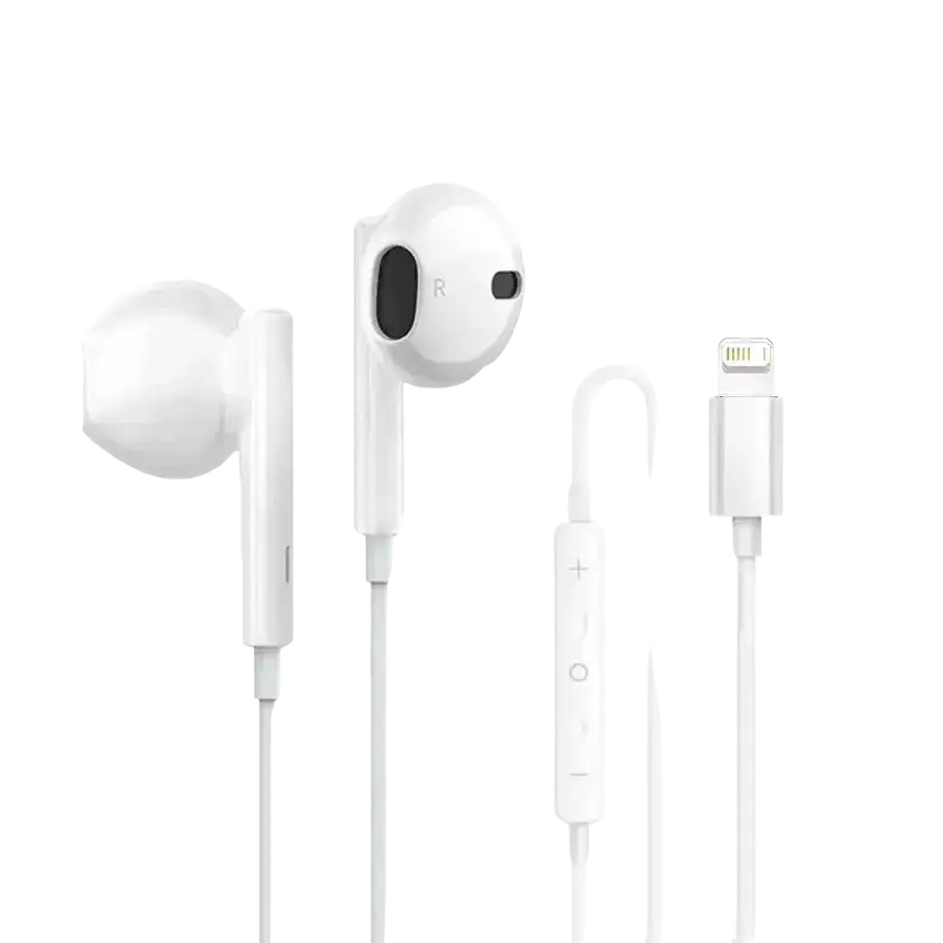 White wired earphones for iphone usb c and lightning with lightning connector and inline call music remote controls