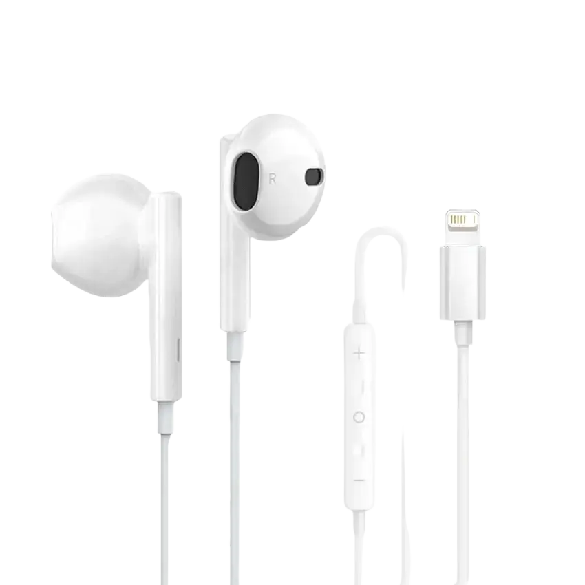 White wired earphones for iphone with lightning connector and inline controls for calls music and remote functions