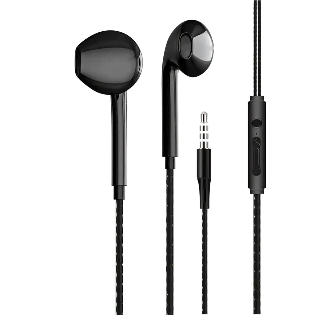 Black wired earphones with mic and bass stereo feature glossy finish braided cable and inline control module