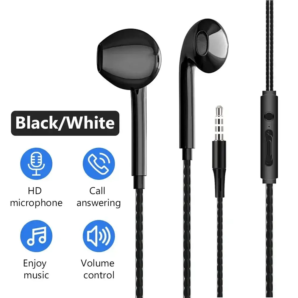 Black wired earphones with bass stereo feature, glossy finish, braided cable, and inline control module