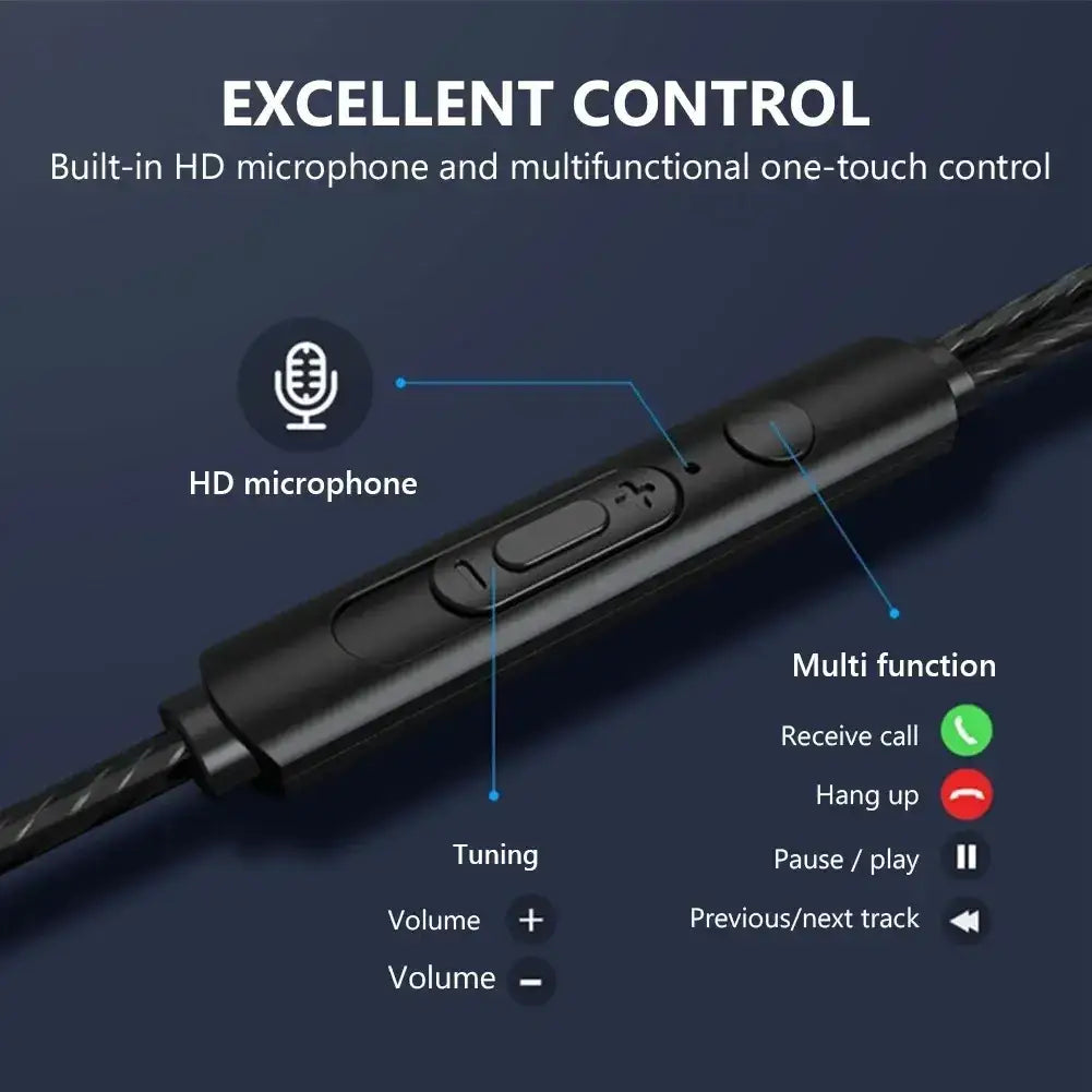 Black wired earphones with mic bass stereo feature textured braided cable and tactile control buttons for calls and volume