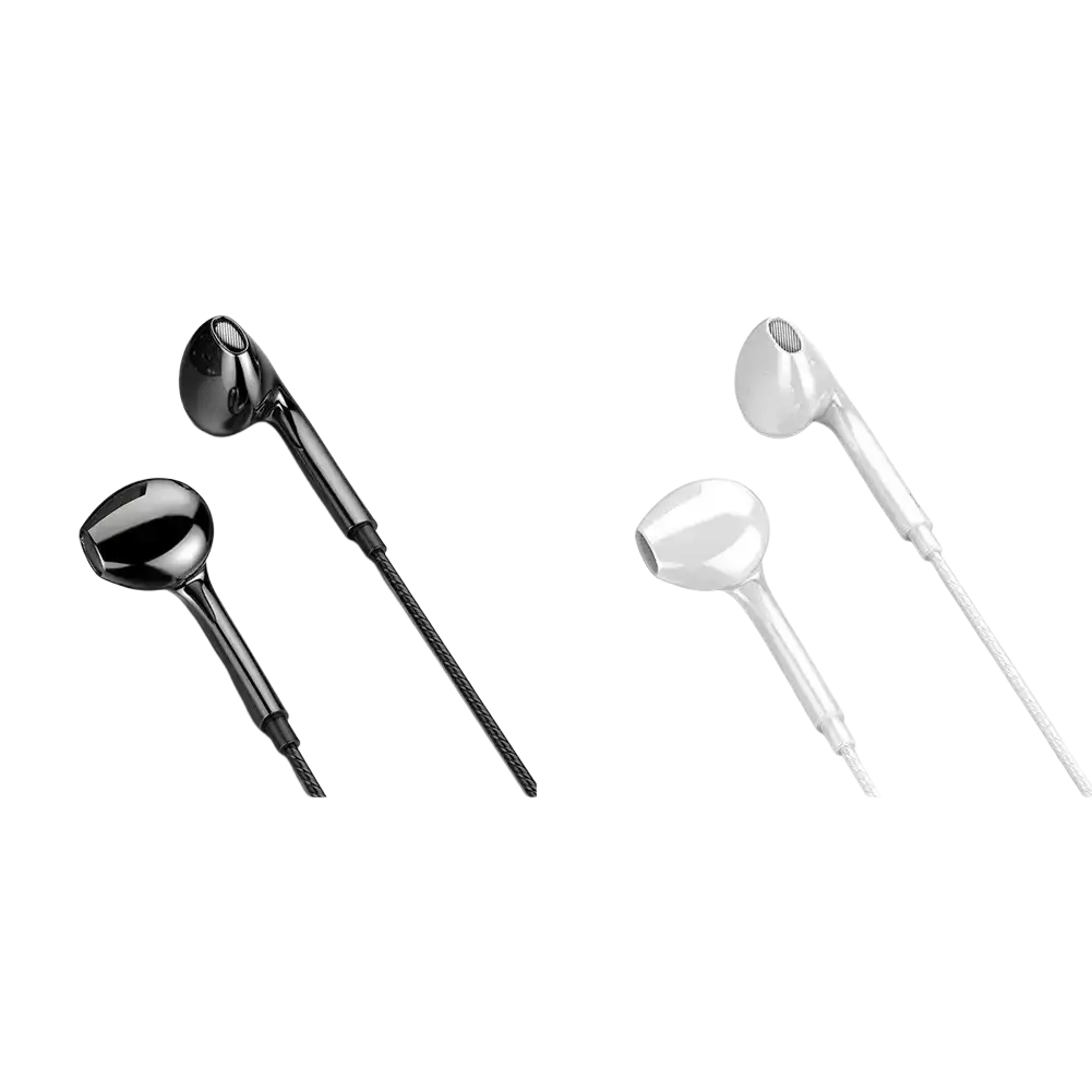 Black and white wired earphones with mic and bass stereo feature braided cables and glossy plastic casings