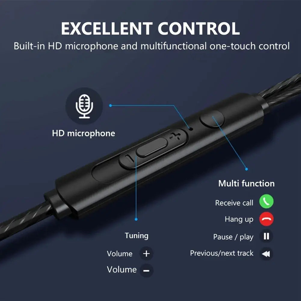 Black wired earphones with mic bass stereo featuring a textured control module with volume and track buttons