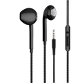 Black wired earphones with braided cable and inline mic featuring bass stereo sound for in ear headset use
