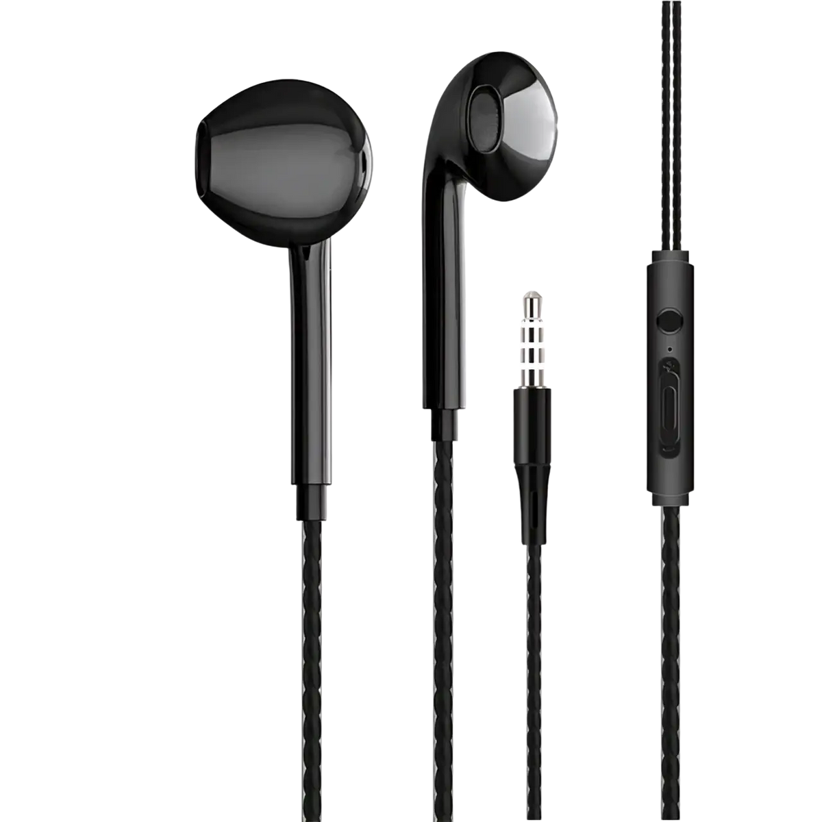 Black wired earphones with braided cable and inline mic featuring bass stereo sound for in ear headset use