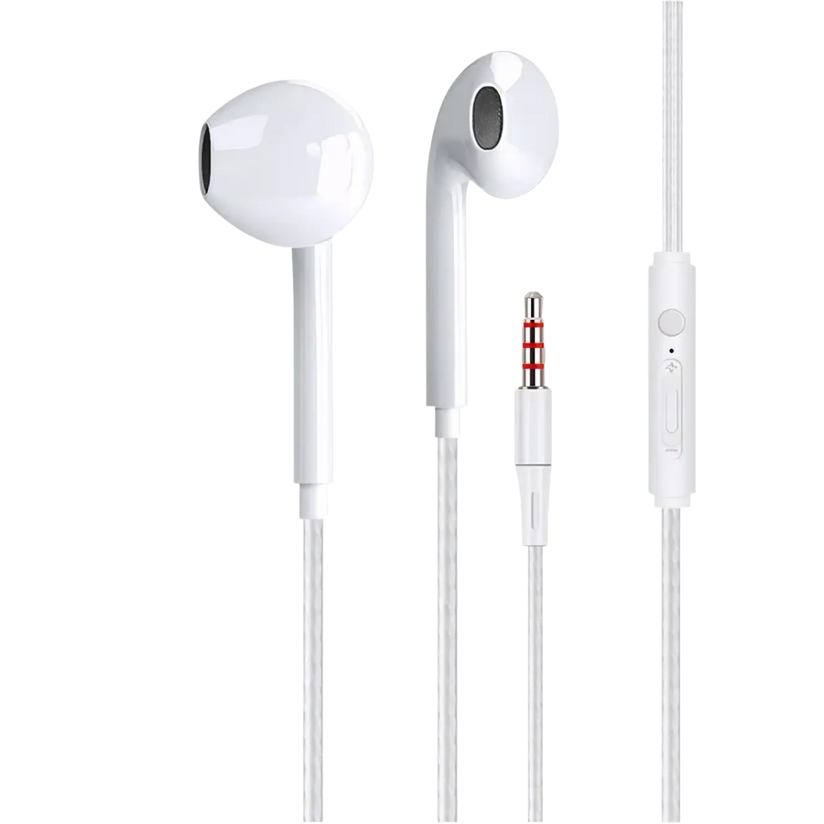 White wired earphones with mic bass stereo in ear headset and glossy finish featuring red accented 3.5mm jack